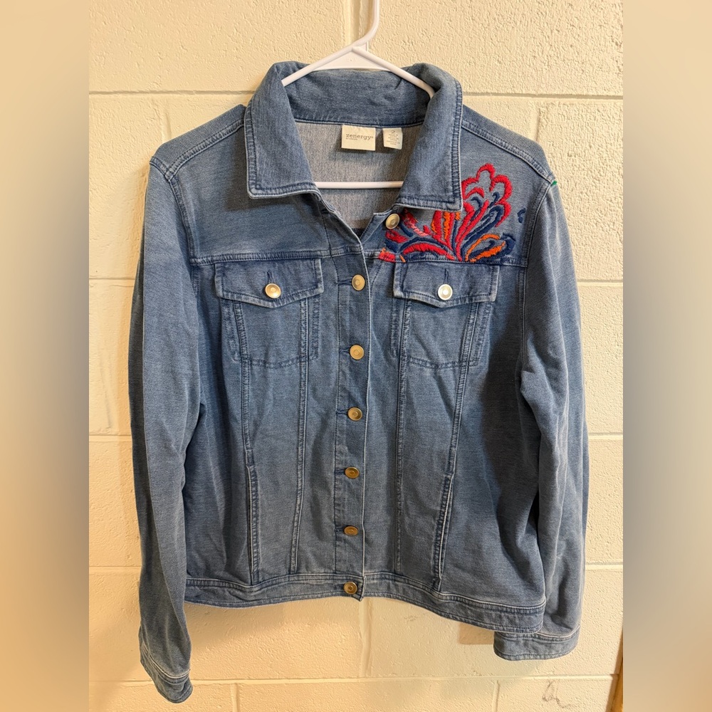 Zenergy by Chico's French Terry Indigo Stretch Embroidered Jean Jacket size 2